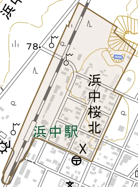浜中桜北とその周辺の地図。町の範囲を重ねている