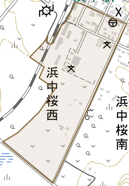 浜中桜西とその周辺の地図。町の範囲を重ねている