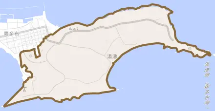 湯沸とその周辺の地図。町の範囲を重ねている