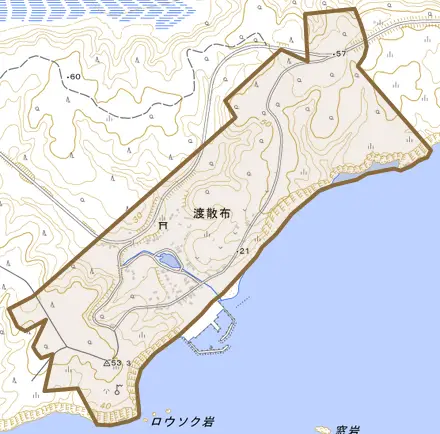 渡散布とその周辺の地図。町の範囲を重ねている