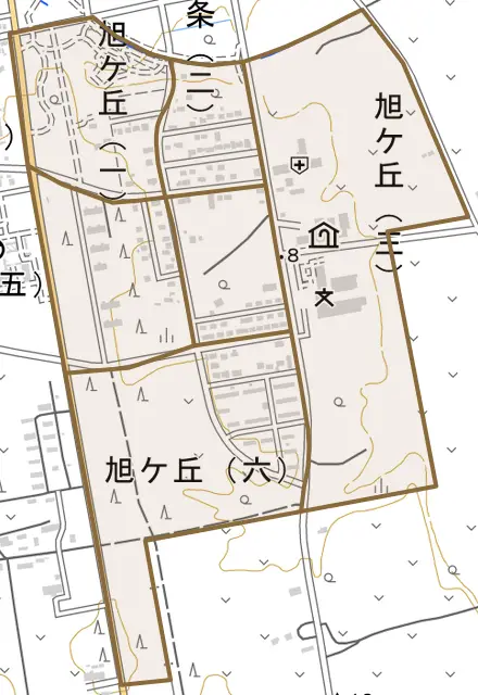 旭ケ丘とその周辺の地図。町の範囲を重ねている