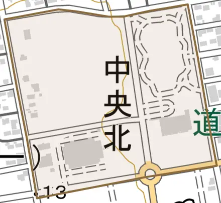 中央北とその周辺の地図。町の範囲を重ねている