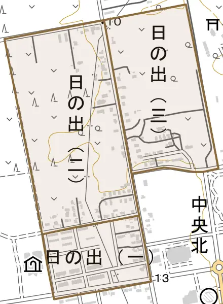 日の出とその周辺の地図。町の範囲を重ねている