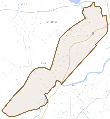 字金ケ丘とその周辺の地図。町の範囲を重ねている