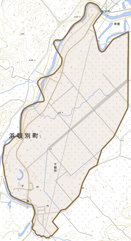 字下頓別とその周辺の地図。町の範囲を重ねている
