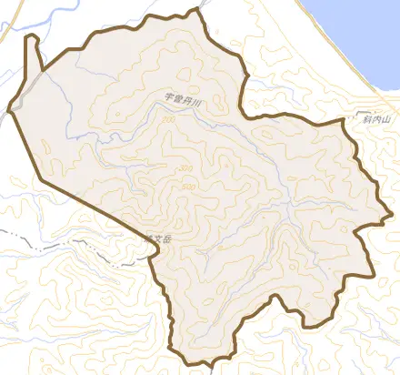 字宇曽丹とその周辺の地図。町の範囲を重ねている