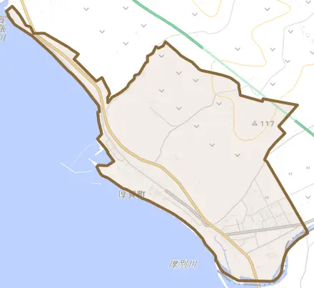 字厚賀町とその周辺の地図。町の範囲を重ねている