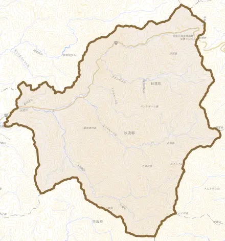 字千栄とその周辺の地図。町の範囲を重ねている