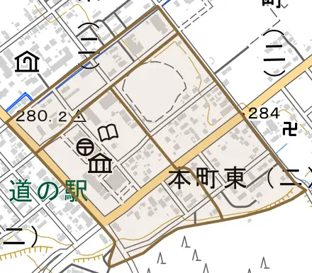 本町東とその周辺の地図。町の範囲を重ねている