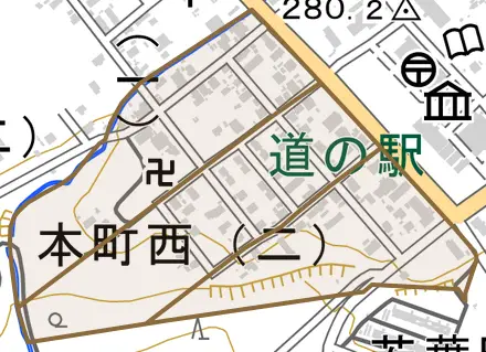 本町西とその周辺の地図。町の範囲を重ねている
