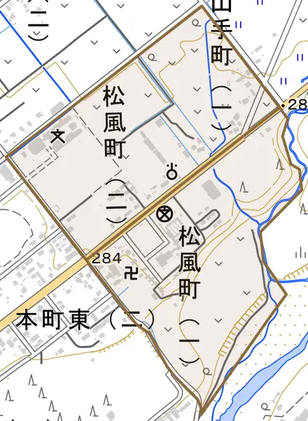 松風町とその周辺の地図。町の範囲を重ねている