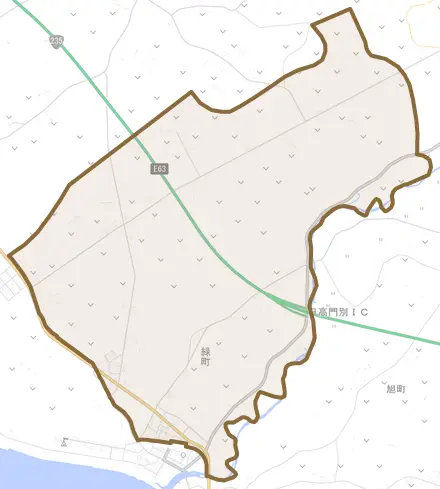 字緑町とその周辺の地図。町の範囲を重ねている