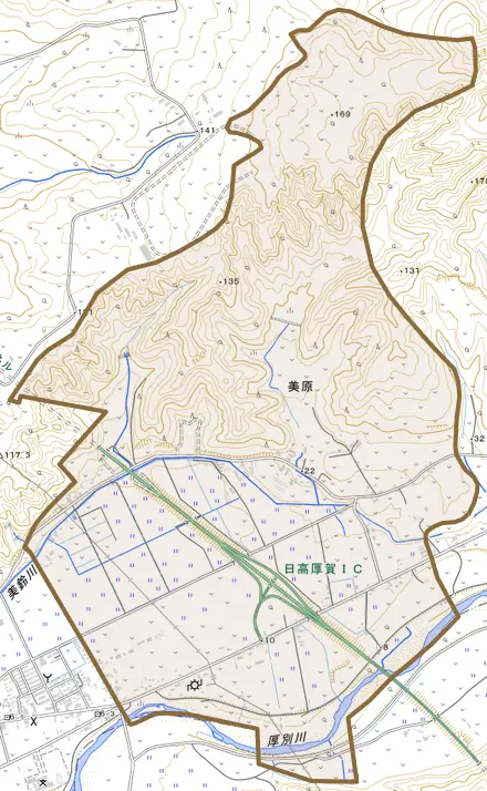 字美原とその周辺の地図。町の範囲を重ねている