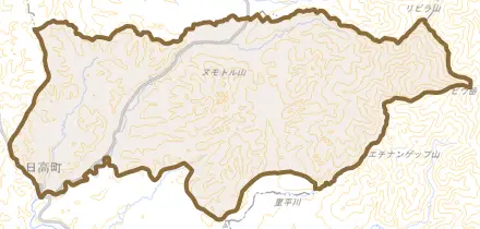 字三和とその周辺の地図。町の範囲を重ねている