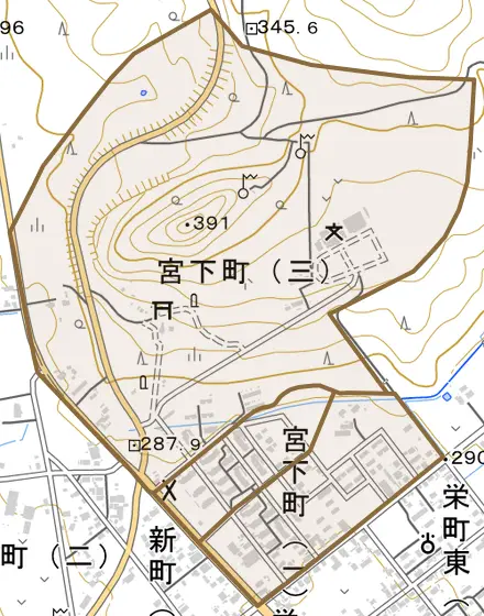 宮下町とその周辺の地図。町の範囲を重ねている