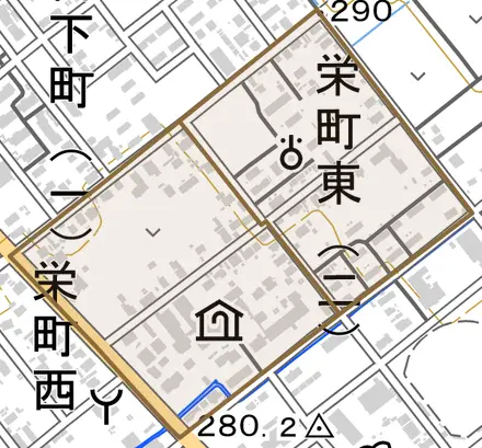栄町東とその周辺の地図。町の範囲を重ねている
