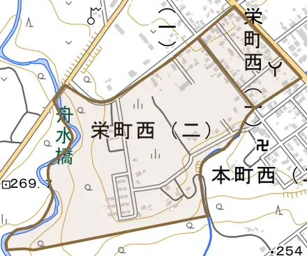 栄町西とその周辺の地図。町の範囲を重ねている