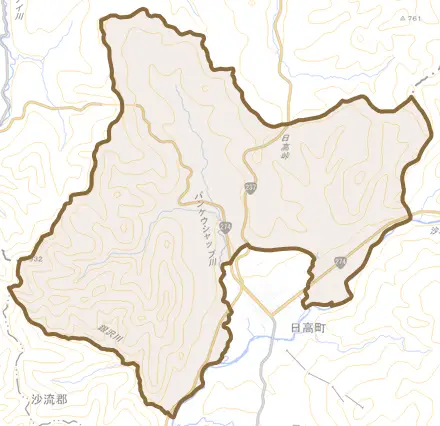 字日高とその周辺の地図。町の範囲を重ねている