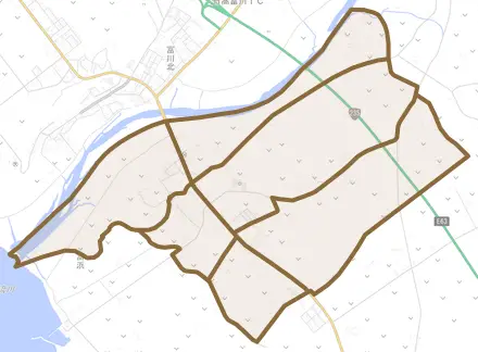 富川東とその周辺の地図。町の範囲を重ねている