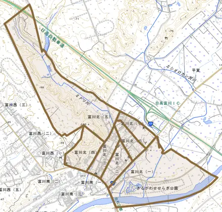 富川北とその周辺の地図。町の範囲を重ねている