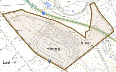 富川駒丘とその周辺の地図。町の範囲を重ねている