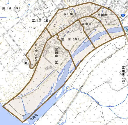 富川南とその周辺の地図。町の範囲を重ねている