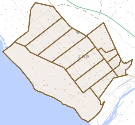 富川西とその周辺の地図。町の範囲を重ねている
