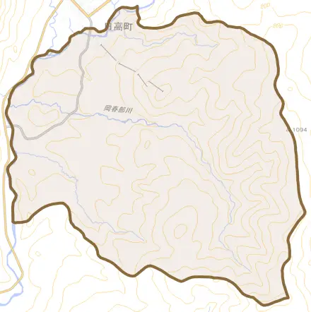 字富岡とその周辺の地図。町の範囲を重ねている