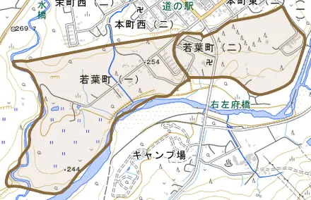 若葉町とその周辺の地図。町の範囲を重ねている