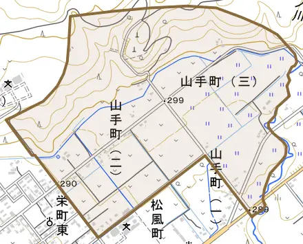 山手町とその周辺の地図。町の範囲を重ねている
