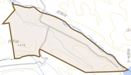 字志比内とその周辺の地図。町の範囲を重ねている