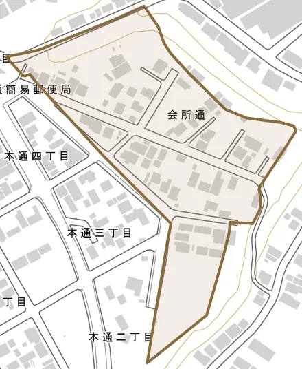 会所通とその周辺の地図。町の範囲を重ねている