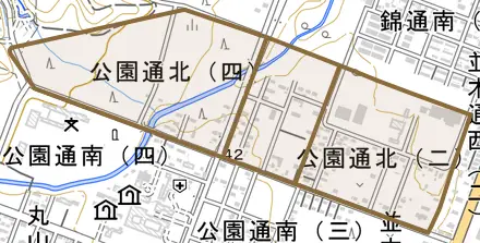 公園通北とその周辺の地図。町の範囲を重ねている