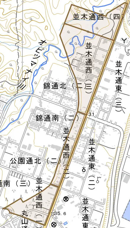 並木通西とその周辺の地図。町の範囲を重ねている