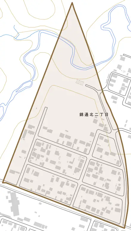 錦通北とその周辺の地図。町の範囲を重ねている