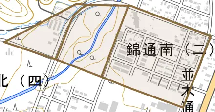 錦通南とその周辺の地図。町の範囲を重ねている