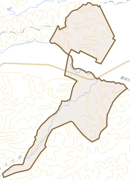 字トヨイとその周辺の地図。町の範囲を重ねている