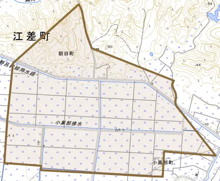 字朝日町とその周辺の地図。町の範囲を重ねている