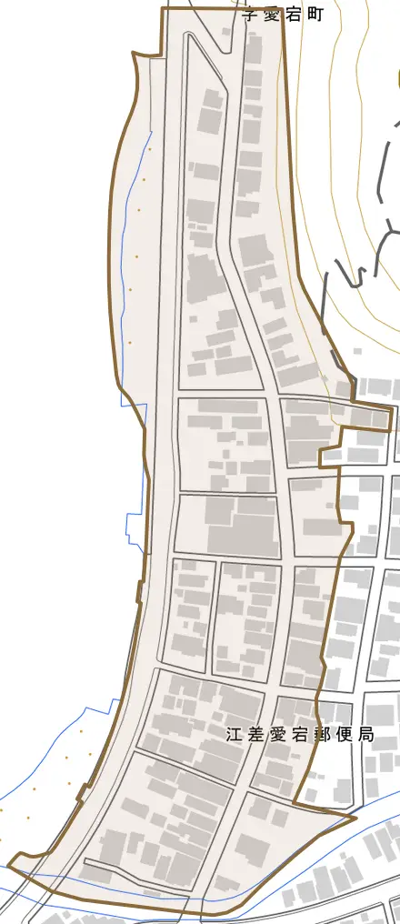 字愛宕町とその周辺の地図。町の範囲を重ねている