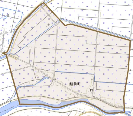 字越前町とその周辺の地図。町の範囲を重ねている
