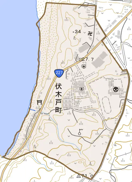 字伏木戸町とその周辺の地図。町の範囲を重ねている