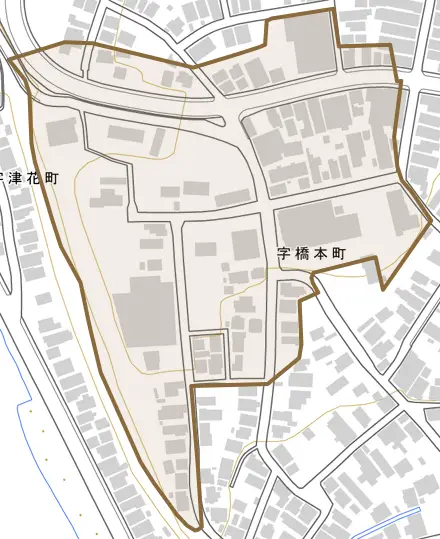 字橋本町とその周辺の地図。町の範囲を重ねている