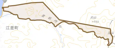 字東山とその周辺の地図。町の範囲を重ねている