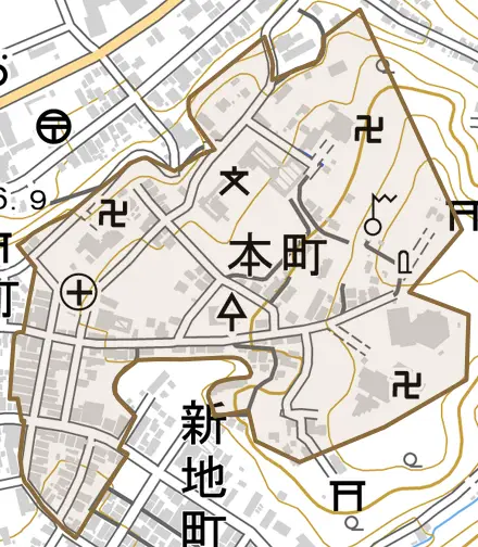 字本町とその周辺の地図。町の範囲を重ねている
