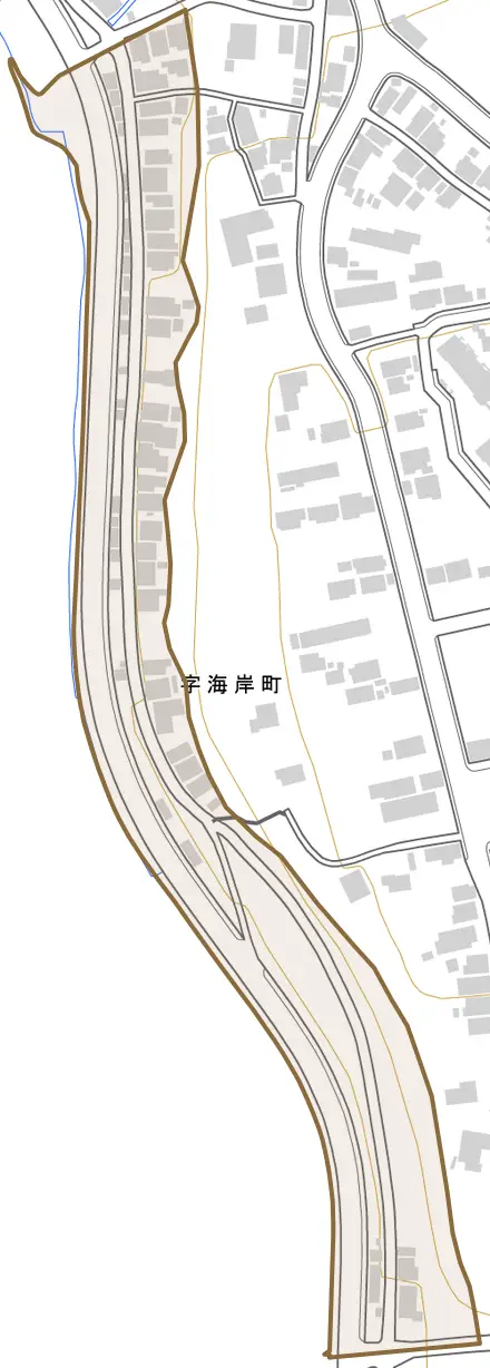 字海岸町とその周辺の地図。町の範囲を重ねている