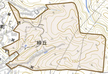 字緑丘とその周辺の地図。町の範囲を重ねている