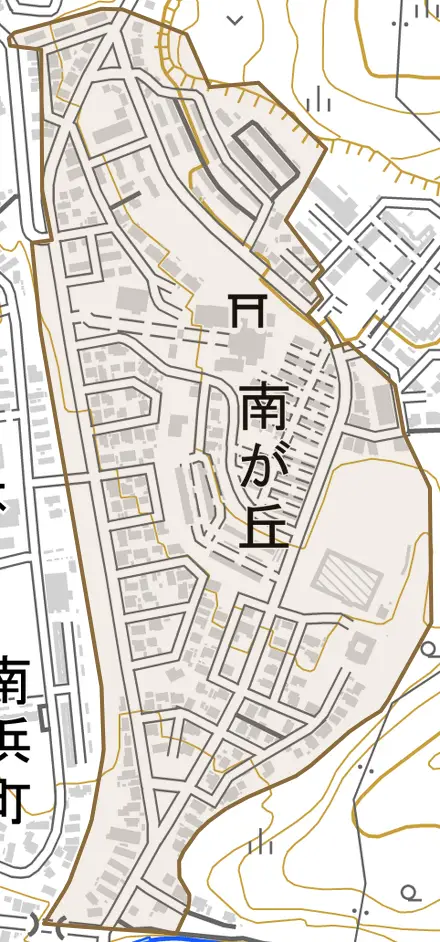 字南が丘とその周辺の地図。町の範囲を重ねている