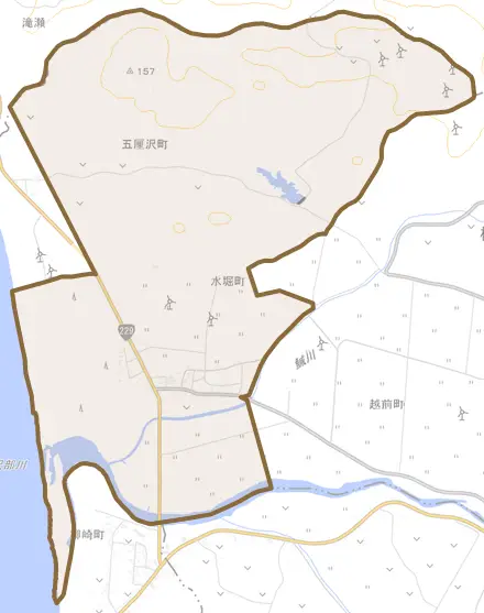 字水堀町とその周辺の地図。町の範囲を重ねている