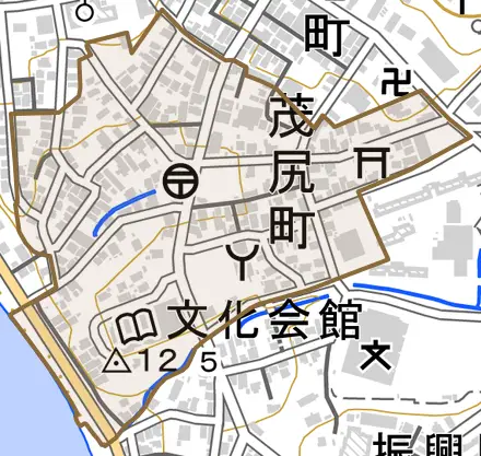 字茂尻町とその周辺の地図。町の範囲を重ねている