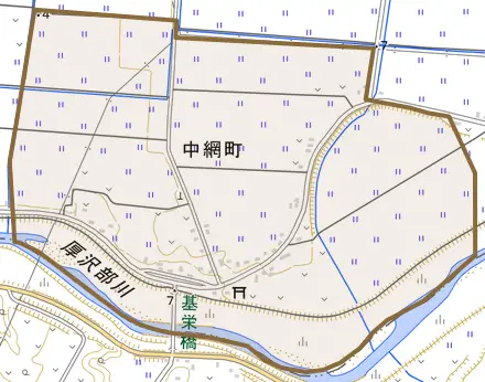 字中網町とその周辺の地図。町の範囲を重ねている
